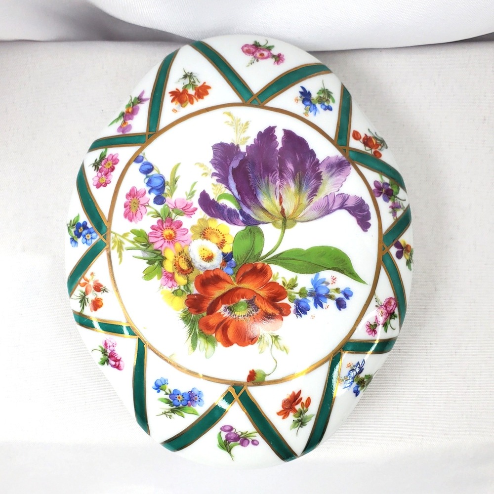 Elios Hand Painted Porcelain Trinket Box Floral Lattice Gold Trim Decorative Box